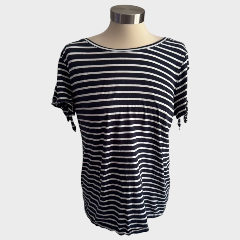 Nautica Womens Large Blue White Stripe Short Sleeve Shirt Tie Sleeves